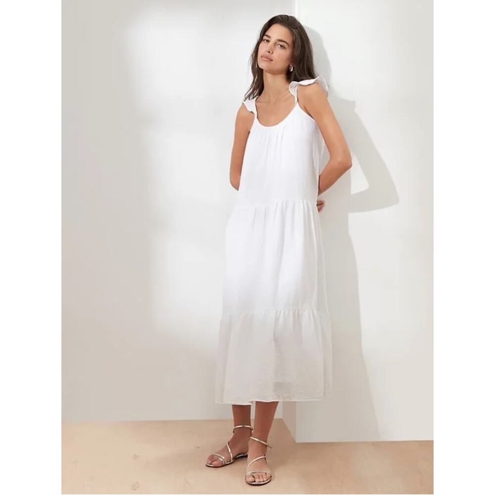 NWT Banana Republic‎ Women's Frill-Sleeve Gauze Tiered Midi Dress White SZ Large